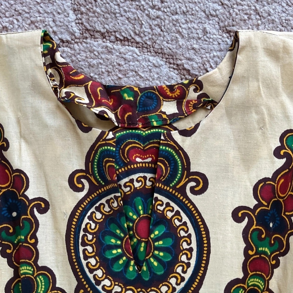 VTG Dashiki African Print Adjustable Waist Gold Maroon Kaftan Kimono Dress O/S - Picture 6 of 11